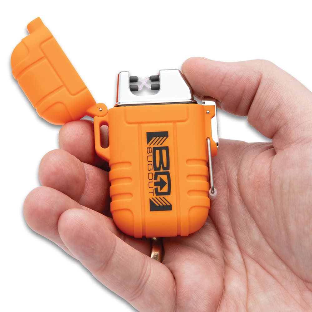 Full image of the orange Arc Lighter held in hand. image number 2